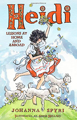 Book cover: Heidi with goats in a mountainous, illustrated landscape.