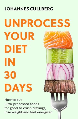 Book cover with stacked food—salmon, cucumber, onion, and meat—on a fork.