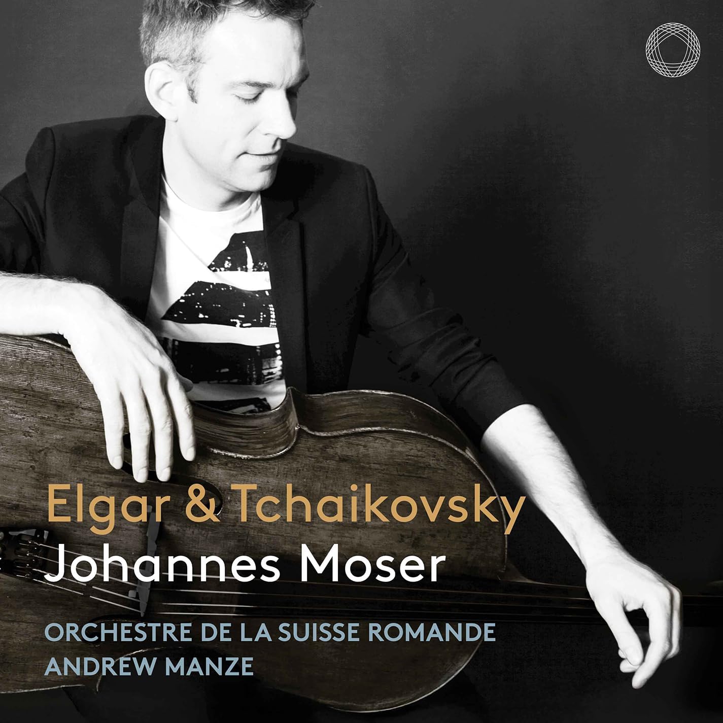 Johannes Moser portrait with cello, album cover for Elgar & Tchaikovsky.