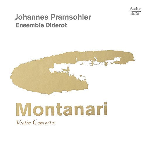 A white album cover with a gold smear and text: "Montanari Violin Concertos".