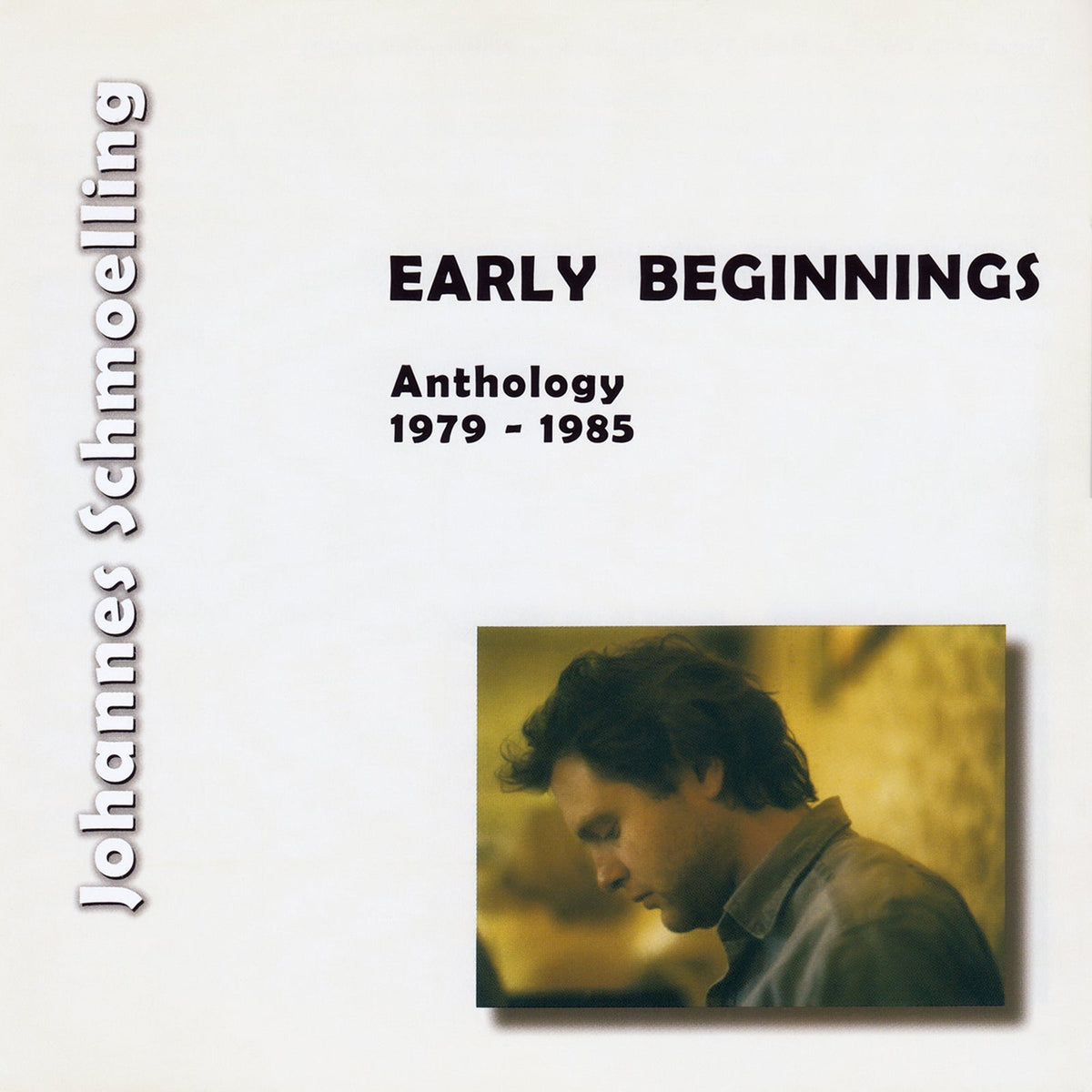 CD cover for Johannes Schmoelling’s “Early Beginnings” anthology, featuring a portrait.