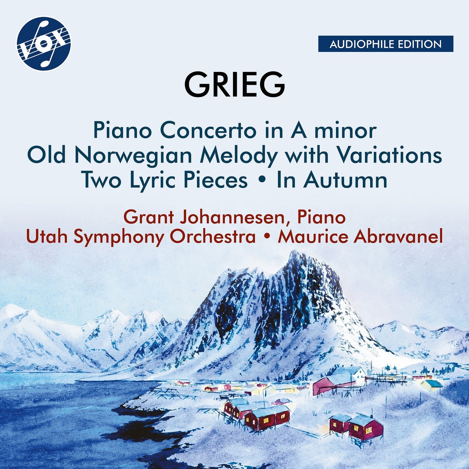 CD cover for Grieg’s Piano Concerto with snowy mountain landscape.