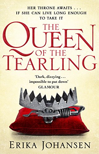 "Book cover with crown on red pillow, titled 'The Queen of the Tearling'."