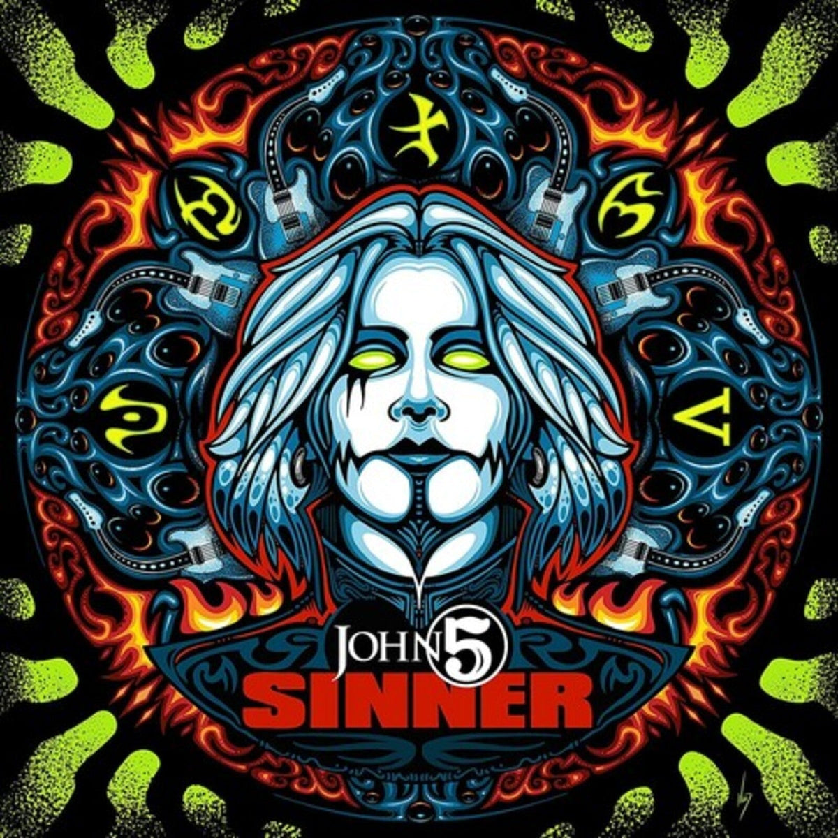 Album cover for John 5 & The Creatures’ “Sinner” featuring a stylized face.