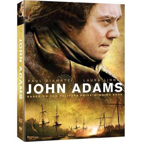 "John Adams DVD case with man in colonial attire and sailing ships at sunset."