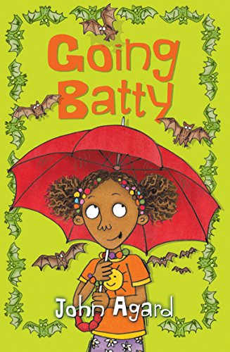 Book cover: girl with red umbrella surrounded by cartoon bats.