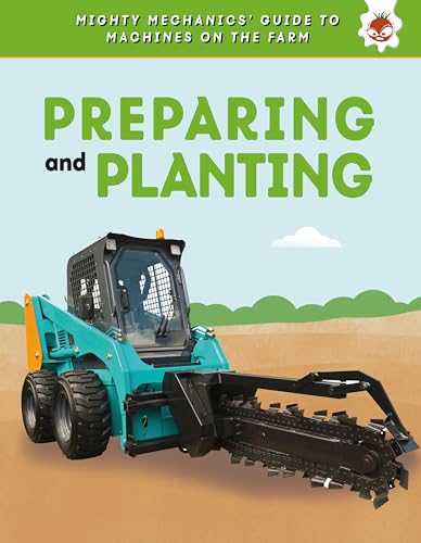 A teal skid steer loader with a trenching attachment on a farm field background.