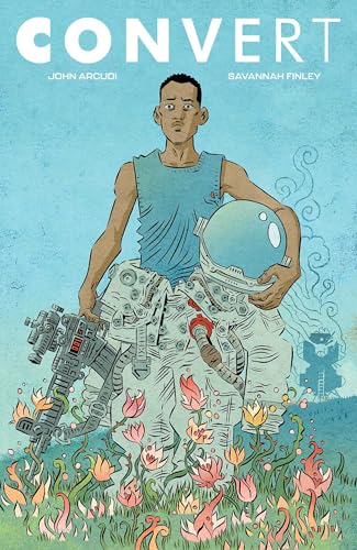 Book cover: young man with astronaut suit and floral background.