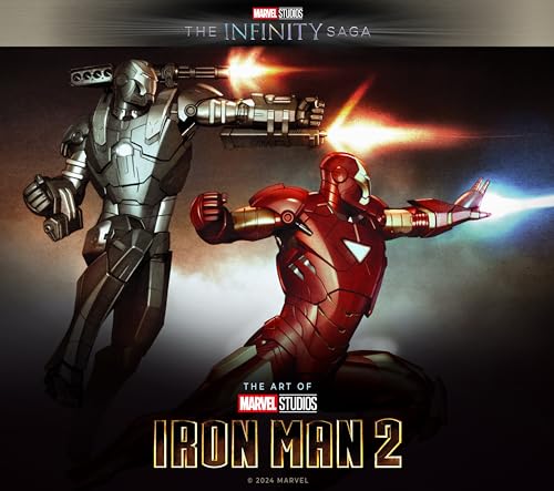 Iron Man in red and silver suits, movie art book cover.
