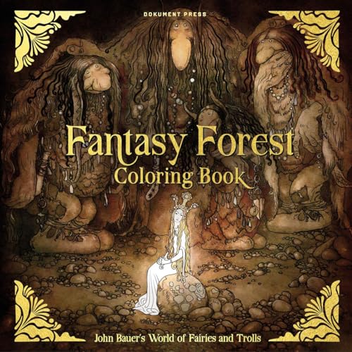 Cover of "Fantasy Forest" coloring book featuring trolls and a fairy.