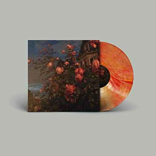 Vinyl record with painting of roses and a building on the cover.