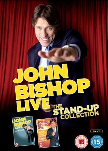 DVD cover featuring John Bishop in a suit against a red curtain, pointing.