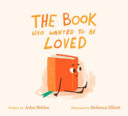 Orange illustrated book with arms and legs, sitting on a beige background.