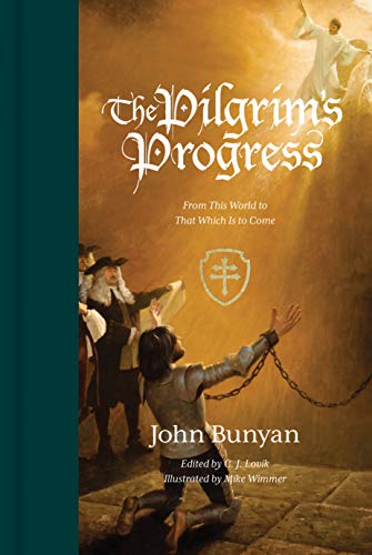 Book cover depicting a pilgrim breaking chains, reaching towards a heavenly figure.