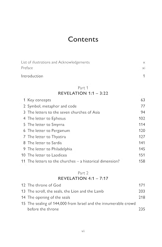 Table of contents page for book on Revelation with headings and chapter listings.