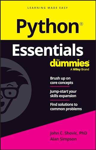 Book cover: "Python Essentials For Dummies" with a grey silhouette.