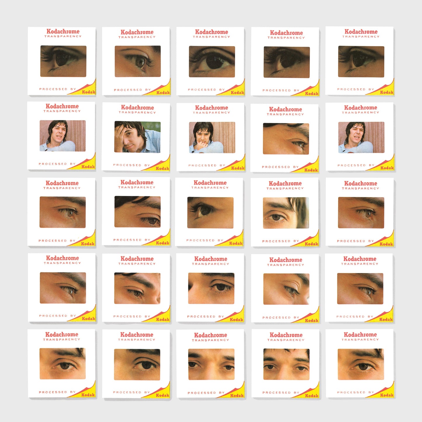 Grid of vintage-style Kodachrome transparency portraits of John Cale.