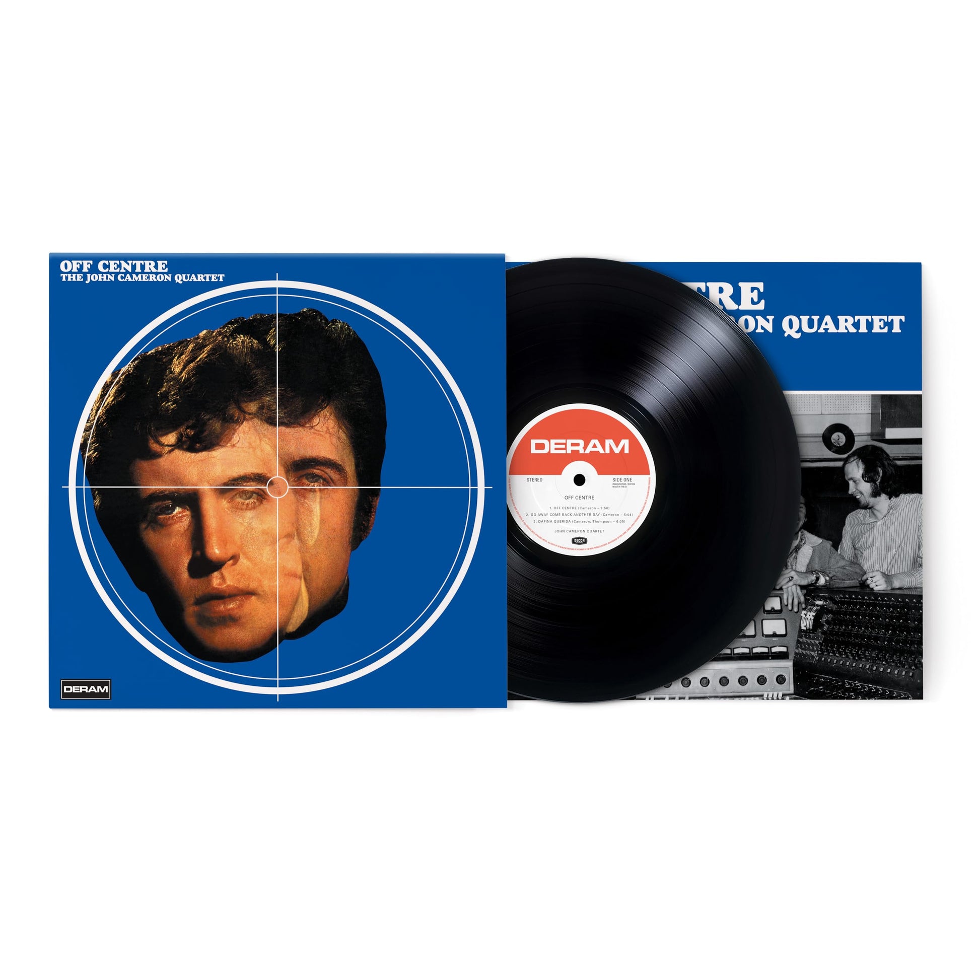 Vinyl record of "Off Centre" by John Cameron Quartet, blue and white cover.