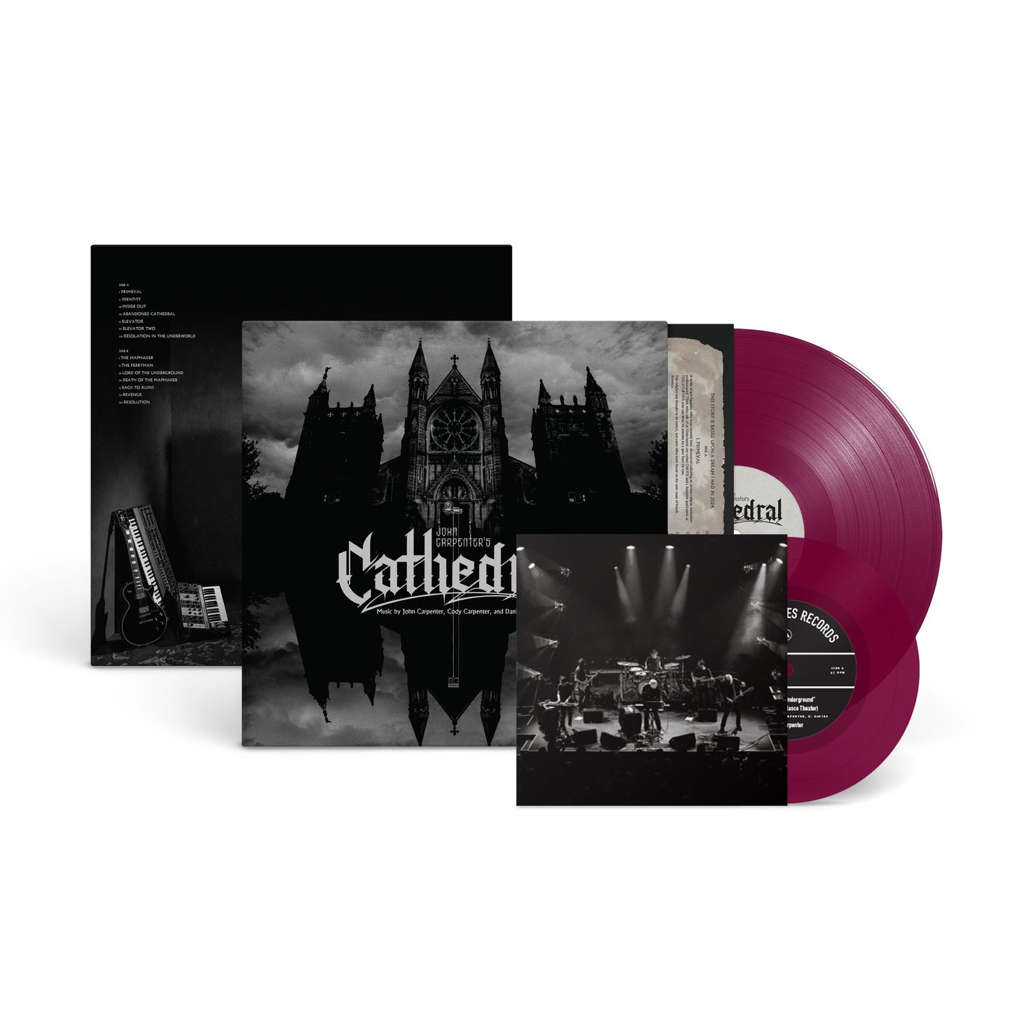 John Carpenter’s “Cathedral” vinyl LP with purple record and gothic imagery.