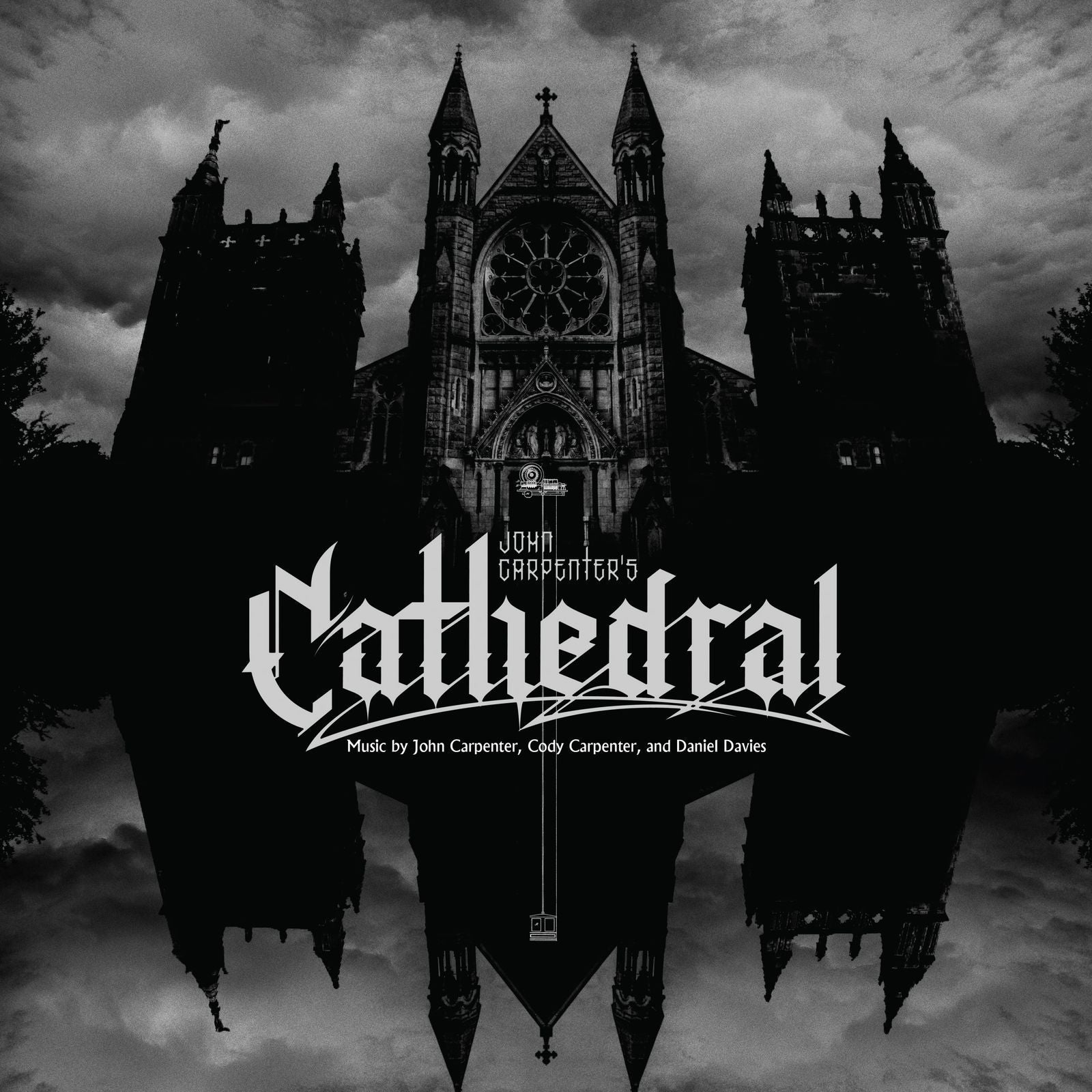 Black and white album cover for John Carpenter’s “Cathedral” featuring a gothic cathedral.