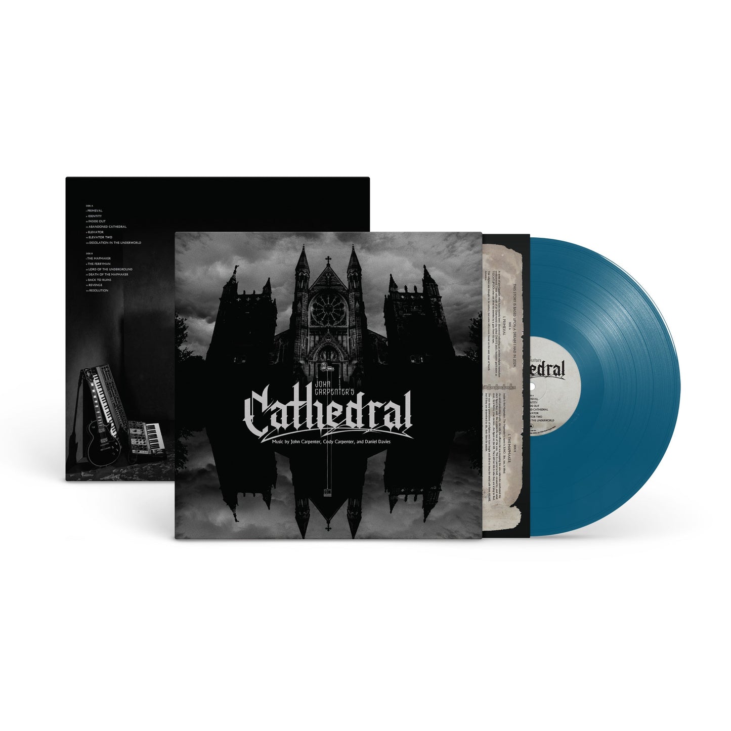 Blue vinyl LP of John Carpenter’s “Cathedral” with gothic cathedral artwork.