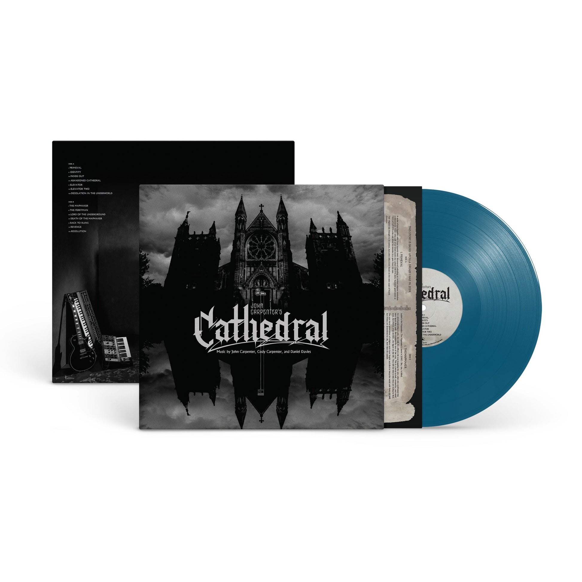 Blue vinyl LP of John Carpenter’s “Cathedral” with gothic cathedral artwork.