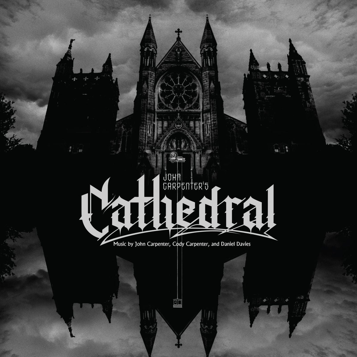 Black and white album cover for John Carpenter’s “Cathedral” featuring a gothic cathedral.