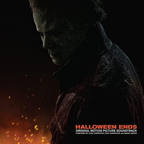 Michael Myers mask with embers, "Halloween Ends" soundtrack album cover.