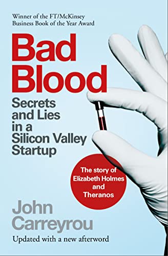 Book cover for “Bad Blood” about the Theranos scandal, with a gloved hand.