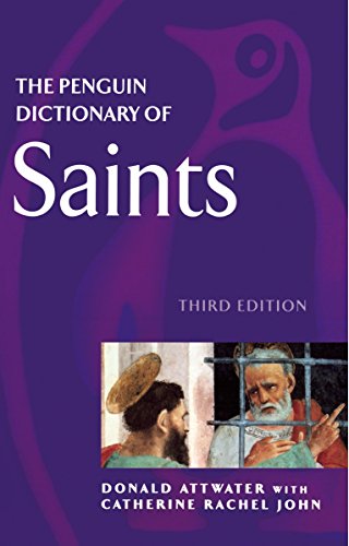 Book cover: "The Penguin Dictionary of Saints" with religious imagery.