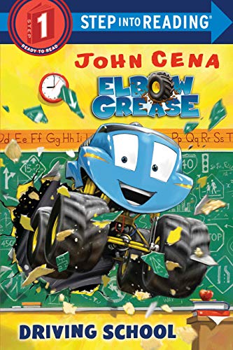 Blue monster truck "Elbow Grease" at driving school, children’s book cover.