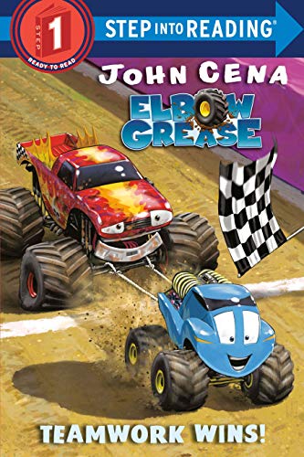 Book cover featuring red and blue monster trucks racing toward a finish line.
