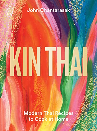 Book cover for Kin Thai with vibrant abstract paint strokes and gold Thai-inspired patterns.