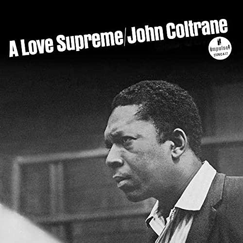Black and white album cover featuring a portrait of John Coltrane.