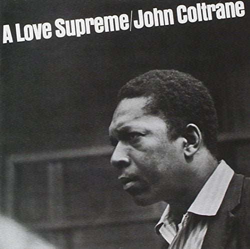 Black and white portrait of John Coltrane on album cover.