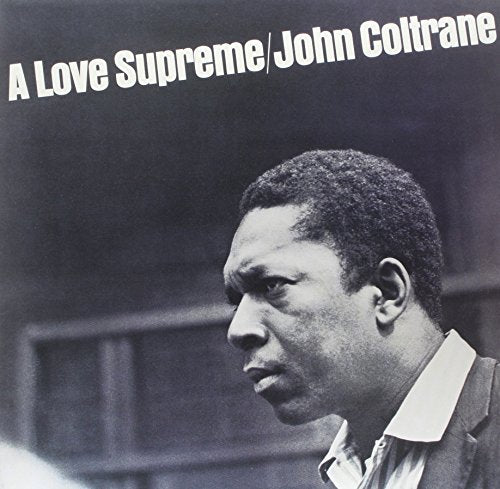Black and white portrait of John Coltrane on album cover.