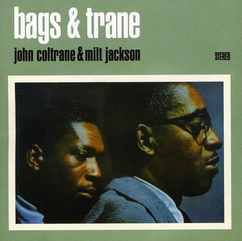 Album cover with two men's profiles on sage green background, titled "bags & trane".