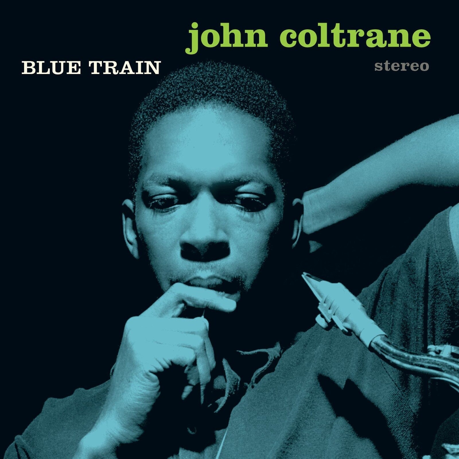 John Coltrane's "Blue Train" album cover featuring a portrait of the musician.