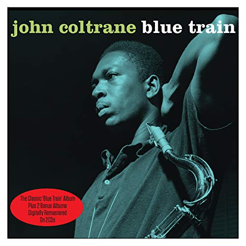 John Coltrane’s “Blue Train” CD cover featuring a portrait with saxophone.