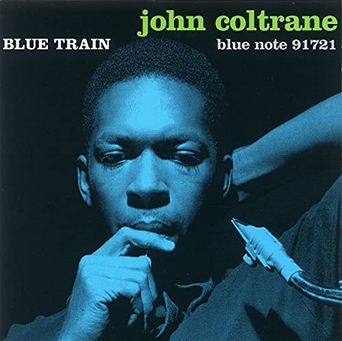 John Coltrane's "Blue Train" CD cover featuring a portrait of the musician.