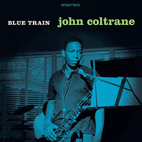 John Coltrane’s “Blue Train” album cover featuring a portrait of the musician.