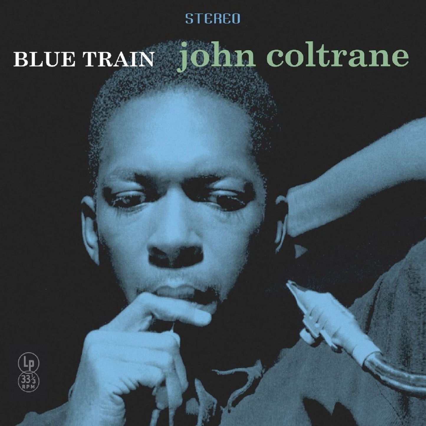 Blue-tinted portrait of John Coltrane on the Blue Train album cover.
