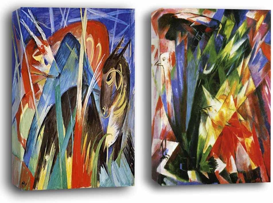 Two abstract paintings with bold colors and fragmented animal shapes.