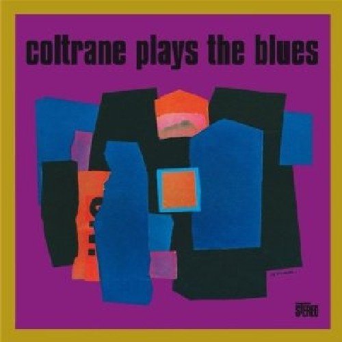 "Album cover with abstract shapes on purple background, titled 'Coltrane Plays the Blues'."