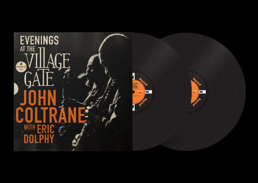 John Coltrane vinyl record cover with portrait and two black records.