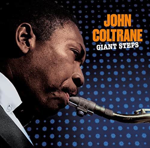John Coltrane portrait playing saxophone against a blue floral background.