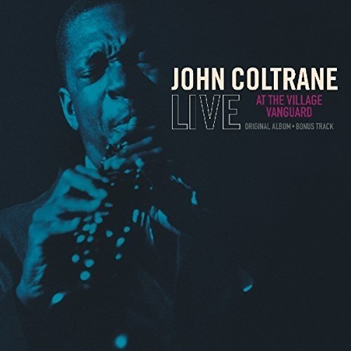 "Album cover featuring John Coltrane playing saxophone, blue-toned image with white and pink text."