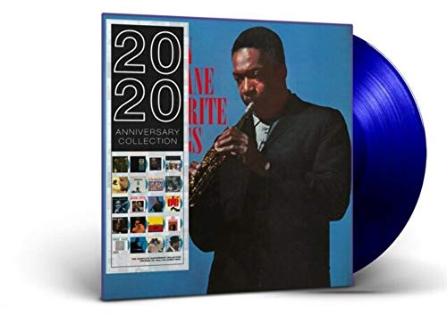 John Coltrane album cover with blue vinyl record beside it.
