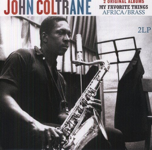 Black and white image of John Coltrane playing saxophone on a vinyl album cover.