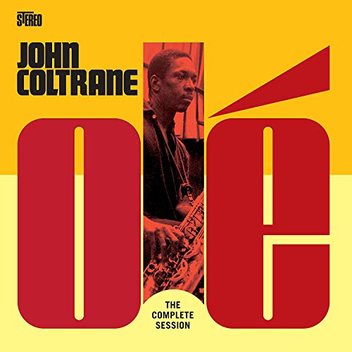 John Coltrane album cover: portrait with bold red and yellow design.